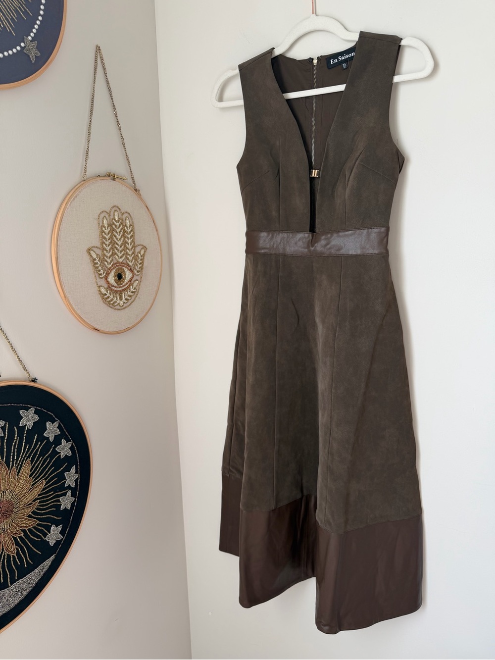 En Saison Brown Suede sleeveless Midi Dress with Leather Trim